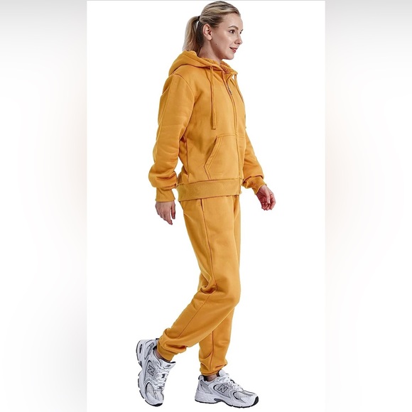 2 Piece Tracksuit Sherpa Fleece Lined Zip Up Hoodie & Joggers Mustard Yellow NEW - Picture 6 of 13